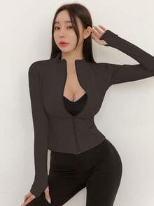 DAZY Women Small Standing Collar Elastic Fitted Long Sleeve Jacket, Casual Sports, Spring & Autumn - Coffee Brown - View 4