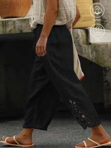 Breezaya Plus Size Casual Linen Patchwork Embroidery Floral Trim Long Pants