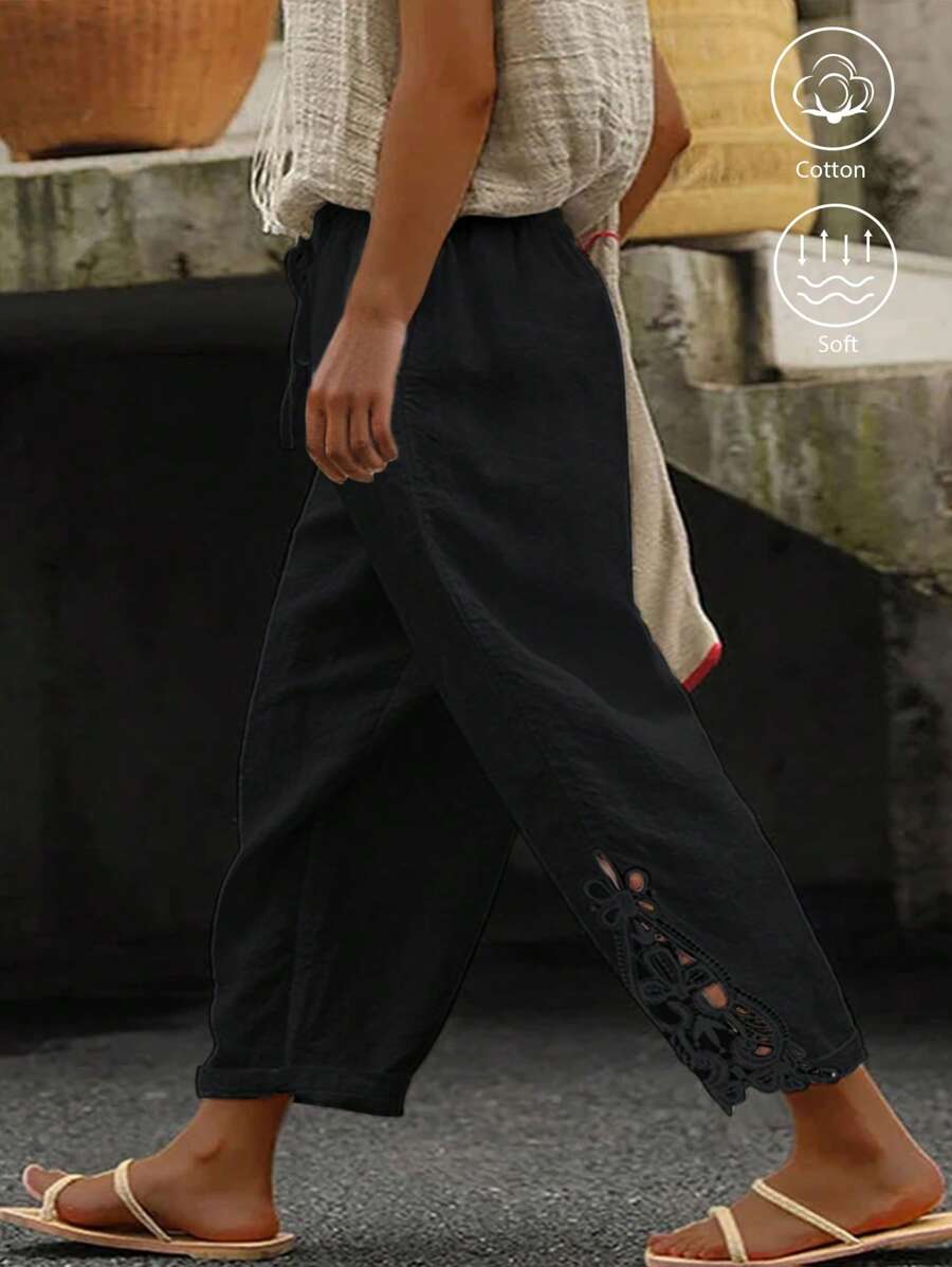 Breezaya Plus Size Casual Linen Patchwork Embroidery Floral Trim Long Pants