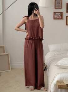 DAZY 女士简约纯色荷叶边下摆吊带背心和裤子睡衣套装，家居服 - 棕色 - 查看 6