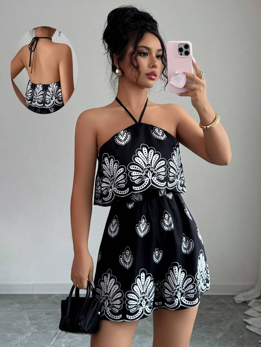 Elenzga Women's Floral Print Ruffle Trim Halter Neck Casual Romper - Black - View 1