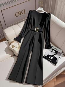 Franclia 女士纯色圆领长袖优雅连体裤，适合大学秋季穿着。 - 黑色 - 查看 1