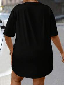 Maweii Plus Size Women Playing Card Print Round Neck Short Sleeve Casual T-Shirt Dress - Black - View 2