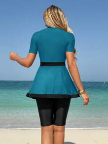 Swim Mulvari 女士穆斯林细肩带布基尼上衣和 7/10 长度撞色短裙 - 水鴨藍 - 查看 2