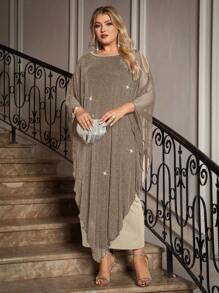 SHEIN Clasi 加大码优雅雪纺长款披肩连衣裙婚礼宾客正式鸡尾酒会新娘母亲装，女士正式礼服 - 卡其色 - 查看 7