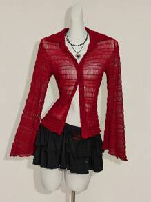 SHEIN ICON 女士性感纯色透视长袖开衫衬衫 - 紅色 - 查看 8