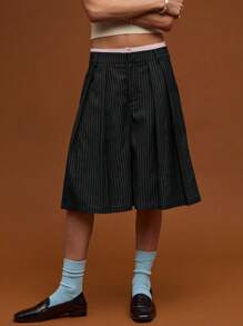COUREZ Pantalones cortos de verano con pliegues y rayas, estilo casual/Y2K - Negro - Ver 2