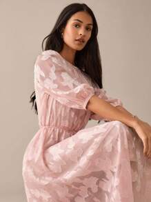 Lilora Women All-Over Print Tie-Knot Midi Dress, Elegant Summer Urban Style Pink Midi Round Neck Dress Romantic And Elegant Urban Leisure, Romantic And Elegant, Going Out - Baby Pink - View 1