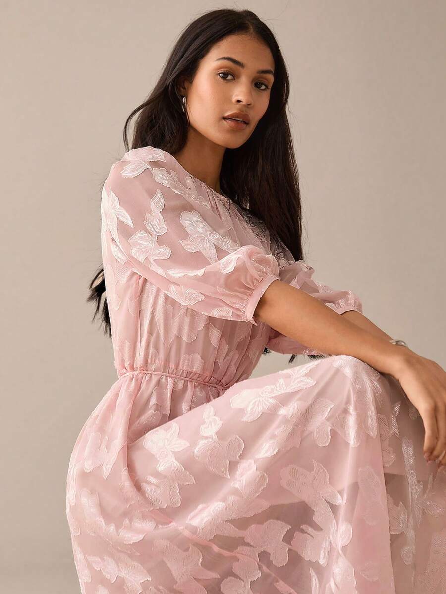 Lilora Women All-Over Print Tie-Knot Midi Dress, Elegant Summer Urban Style Pink Midi Round Neck Dress Romantic And Elegant Urban Leisure, Romantic And Elegant, Going Out - Baby Pink - View 1