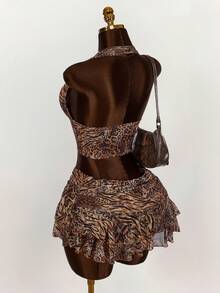Amplova Women's Halter Backless Leopard Print Tank Top And Fashionable Low Waist Skirt Set - Multicolor - View 7