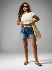 MISSGUIDED Quần short denim họa tiết rách cạp cao co giãn mùa hè lễ hội thường ngày cắt ngắn đi biển đi bộ - Màu xanh lam - Xem 4