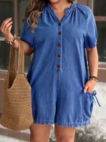 EMERY ROSE Plus Size Casual Vacation Solid Color V-Neck Raglan Sleeve Short Sleeve Half Placket Denim Dress