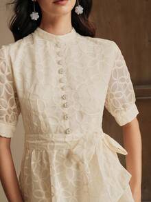 Anewsta Elegant Round Neck Decorative Button Waist Tie Short Sleeve Flared Hem Dress - Apricot - View 2