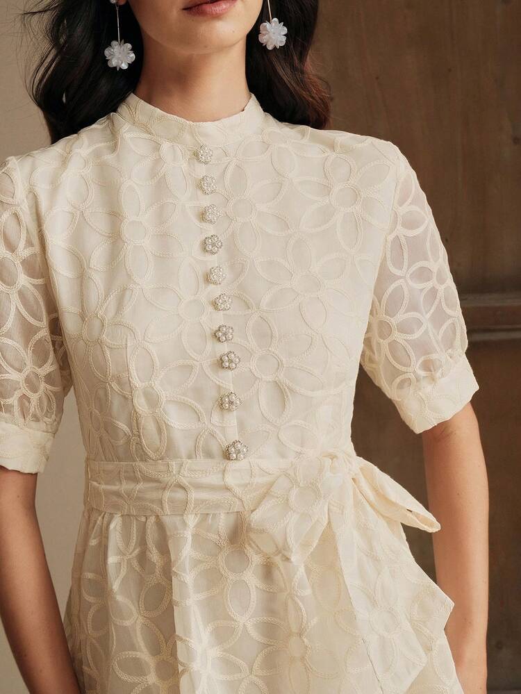 Elegant Round Neck Decorative Button Waist Tie Short Sleeve Flared Hem Dress