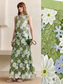 Zanirela Falda larga de línea A con elegante encaje azul bordado de alta gama, estilo para vacaciones - Verde - Ver 2