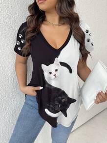 SHEIN LUNE Contrast Color Cat Animal Print Plus Size Short Sleeve T-Shirt