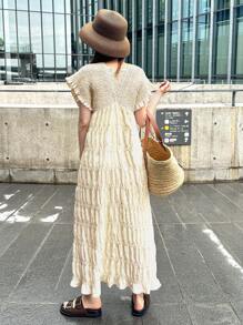 FRIFUL Robe longue décontractée d'été en ligne A ample, unie et à carreaux, avec fronces et nœud papillon pour les femmes