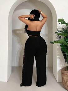 Maweii 大码女式毛衣套装纯色白色吊带背心+破洞流苏性感裤休闲性感派对针织套装度假夏季女装