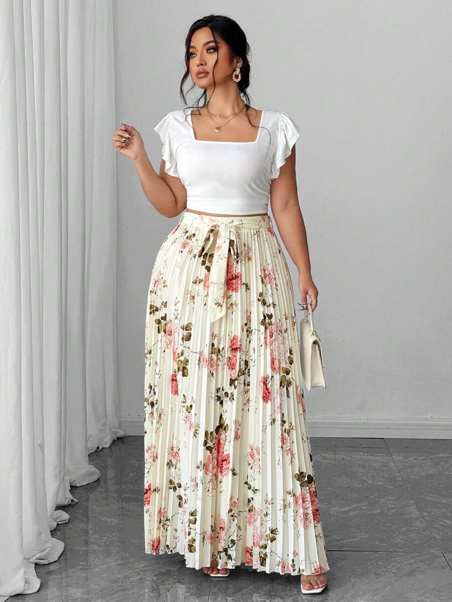 SHEIN Unity 大码女式优雅浪漫花卉印花腰部褶皱飘逸半身裙 - 彩色 - 查看 1