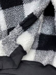 Tween Boys Casual Plaid Fleece Hooded Jacket, Open Front Loose Thick Outerwear For Autumn/Winter, Boys Teddy Jacket, Boys Plaid Jacket, Kids Black And White Hoodie Fall - Black - View 11