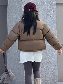 DAZY 青少年女孩长袖短款纯色街头休闲棉服外套冬季 - 咖啡棕 - 查看 7