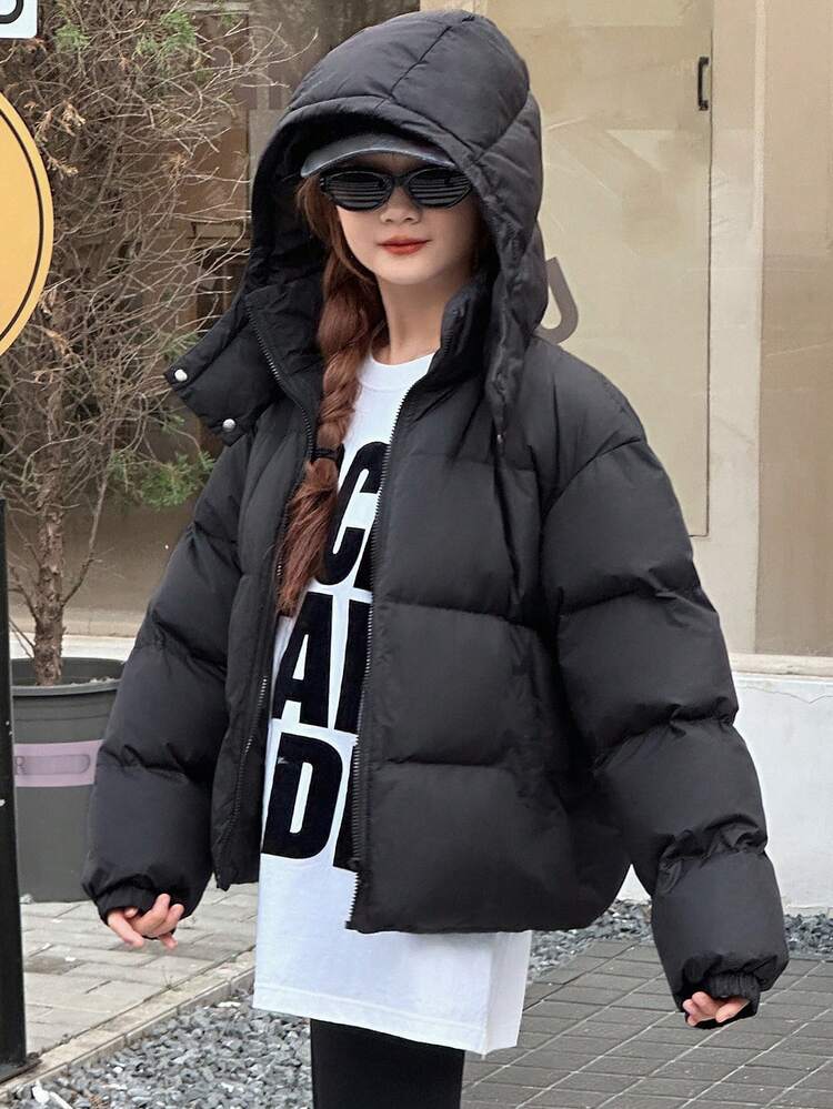 Teen Girl'(Youth) Hooded Solid Color Korean Style Long Sleeve Padded Coat