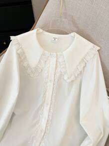 SHEIN Teen Girls Elegant White Lace Trim Collared Long Sleeve Blouse For Graduation Fall Winter