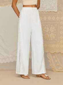 SHEIN MOD Women's Vacation Casual Solid Color Lace Patchwork Pants,Fall,Work Pants,White,Old Money Style,Back To School,Beach Vacation - White - View 4