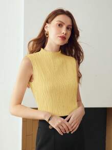 MOTF PREMIUM WOMEN'S KNITTED JACQUARD TEXTURED FABRIC FUNNEL NECK TANK TOP - Yellow - View 3