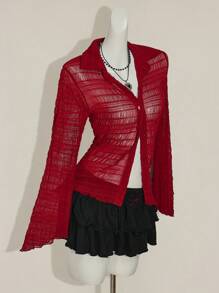 SHEIN ICON 女士性感纯色透视长袖开衫衬衫 - 紅色 - 查看 5