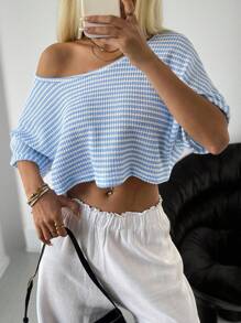 SHEIN EZwear 斯德哥尔摩风格机场女士蓝色条纹针织女短款休闲宽松T恤女夏季上衣蓝白条纹上衣夏季上衣女短款上衣 - 藍白色 - 查看 5