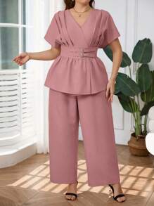 SHEIN Privé 大码女式春夏舒适休闲简约优雅办公室/通勤百搭竹纤维 V 领开衫和阔腿裤两件套 - 藕粉色 - 查看 3