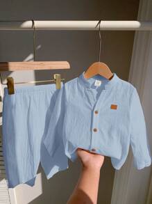 SHEIN 2 Stück Baby Jungen/Mädchen Lässig Outfit - Langarm Hemd mit Kragen und Hose mit Gummibund Grundausstattung, geeignet für Frühling, Sommer, Herbst, perfekt für Geburtstags-Party, Neujahrs-Party, Hochzeit, Baby-Shower Hellblau Baby Jungen Outfit Baby Jungen Leinen Outfit Baby Jungen Outfit Erster Geburtstag Jungen Outfit Herbst Winter - Blau - Übersicht 1