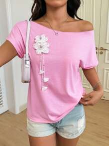 INAWLY Women's Minimalist Convertible Shoulder Crew Neck Short Sleeve T-Shirt With Hand-Made 3D Pearl Flower Tassel Pendant - Multicolor - View 1