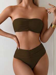 Swim Basics 2件套女士夏季海滩度假纯色褶皱露肩休闲比基尼套装泳装 - 卡其色 - 查看 6