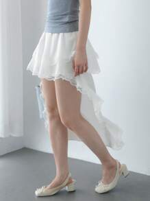 SHEIN Unity Falda asimétrica blanca de mujer con diseño frontal y trasero, falda de moda de encaje y parches de verano, falda elegante - Blanco - Ver 2