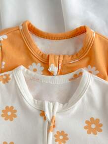 Loomiva 2pcs/Set Baju Terusan Bayi Perempuan Baru Lahir Motif Bunga Rajut Lembut Leher Bulat Lengan Panjang dengan Motif Bunga Daisy dan Piyama Terusan untuk Musim Gugur dan Musim Dingin - MultiWarna - View 6