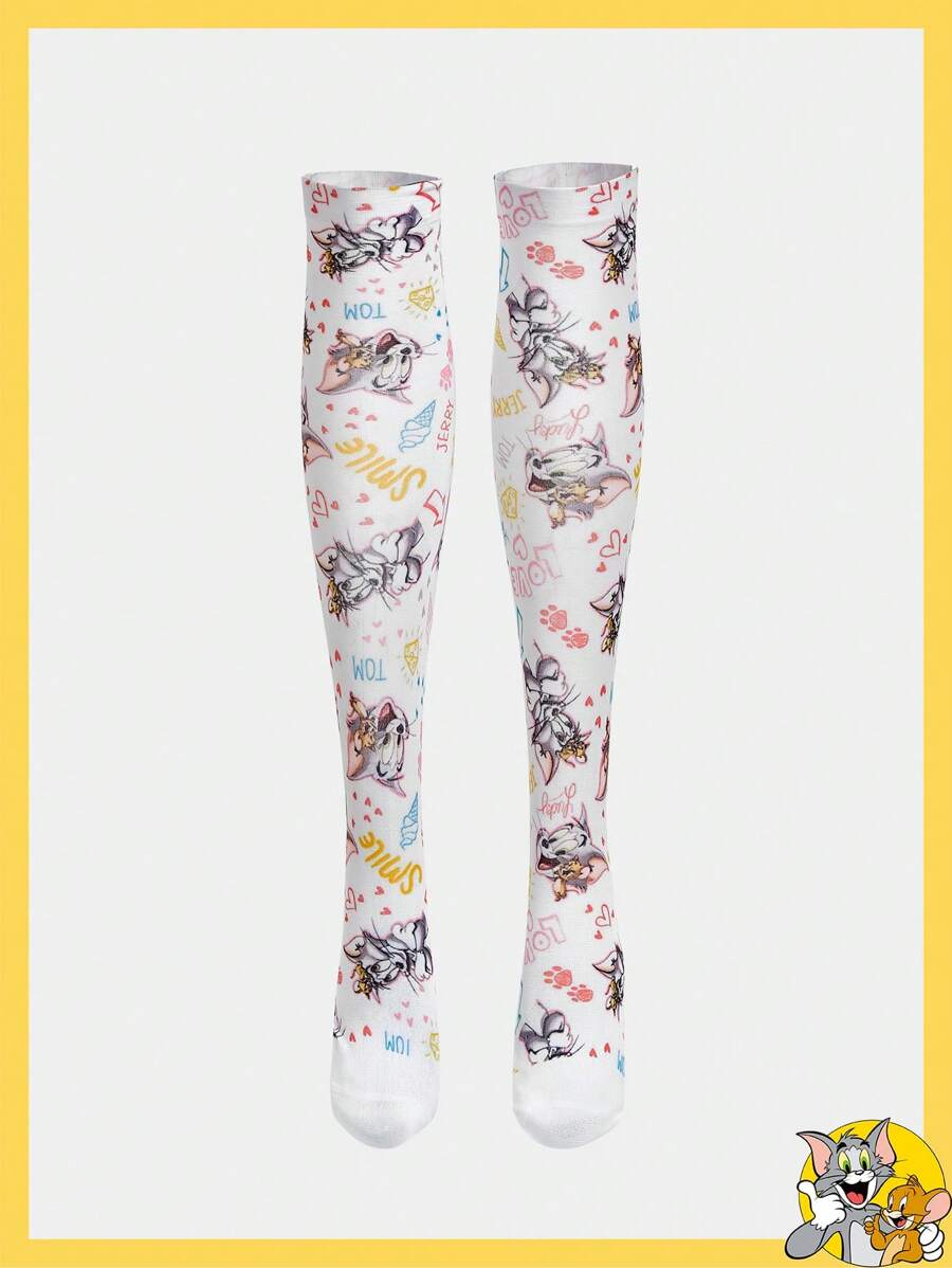TOM & JERRY X SHEIN Quần bó màu trắng họa tiết hoạt hình dễ thương co giãn thường ngày - Nhiều màu - Xem 1