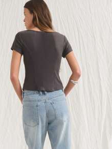 Nöista Women's Dark Grey Summer Chic Short-Sleeved Top,Highly Elastic Knitted Fabric,Square Collar,Metal Button,Cross Slit Hem,Night Out Modern Style - Dark Grey - View 2