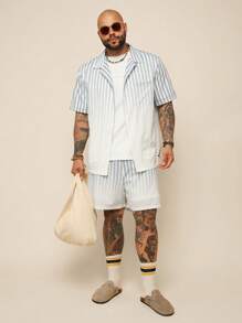 EASEVO 加大码男士渐变条纹梭织宽松短袖衬衫套装