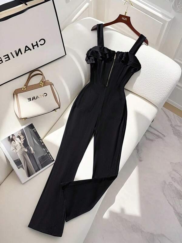SHEIN PETITE Plus Size Elegant Commuter Solid Color Ruffled Jumpsuit