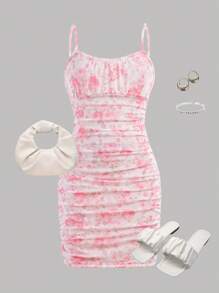 SHEIN Girlism Tween Girls Floral Print Mesh Double Layer Knitted Elastic Ruched Snug Fit Short Camisole Dress - Baby Pink - View 1
