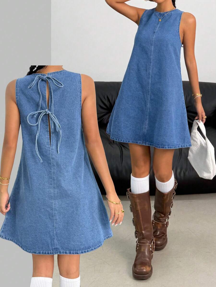 SHEIN Teen Girls Y2K Spring Summer Washed Denim Sleeveless Round Neck Dress With Open Back Bowknot Decor,Girls Summer Beach Boho Vacation Shorts, Summer Concert Festival Casual Rave Outfits, Girls Summer Brunch Church Graduation Outfits,Streetwear,Back To School Party Outfits Fall Winter