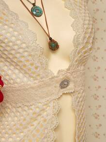 SHEIN ICON Kobiety Western Boho Słodkie Białe Wakacje Kraj Wyjście Seksowna Przezroczysta Jednolity Kolor Kontrast Koronka Bez Rękawów Otwarta Przednia Bluzka - Morela - Zobacz 5