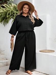 SHEIN CURVE+ 加大码海岛度假村白色纹理面料翻领短袖束腰阔腿连体裤，休闲百搭宽松连体衣夏季/乡村/海滩度假装/沙滩装/沙滩装 - 黑色 - 查看 3