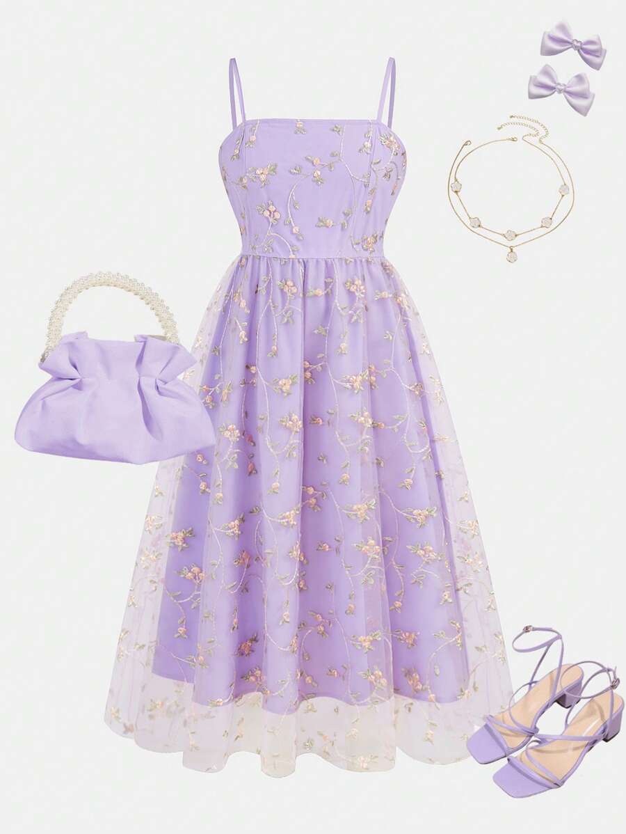 SHEIN Leap Crew Tween Girl Elegant Floral Embroidery Splicing Mesh Cami Midi Dress - Mauve Purple - View 1