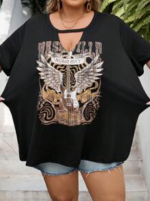 SHEIN CURVE+ Plus Size Women's Summer Rave Top Sexy V Neck T Shirts For Women Hollow Out Blouse Tops Summer Loose Casual Shirt Country Music Graphic Tee Shirts Rock Roll Graphic Tee Lips Graphic Print T Shirt/Plus Size T Shirt/Graphic Tees - Black - View 9