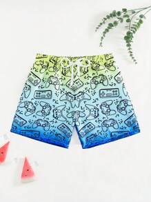 小男孩游戏控制器渐变印花抽绳沙滩短裤，家庭装妈妈和我（4 件单独出售） - 藍色 - 查看 3