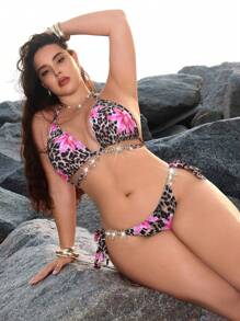 Swim Vcay Plus Size 2pcs Set Random Bling Decor Halter Triangle Bikini, Sexy Minimalist Fashion Women Beach Wear For Summer Beach Vacation - Multicolor - View 6