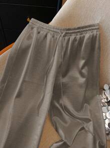 SHEIN Franclia Quần dài nữ màu trắng ống đứng giản dị, thanh lịch, dệt bóng, cạp rút dây, mùa xuân/hè - Màu Khaki - Xem 4